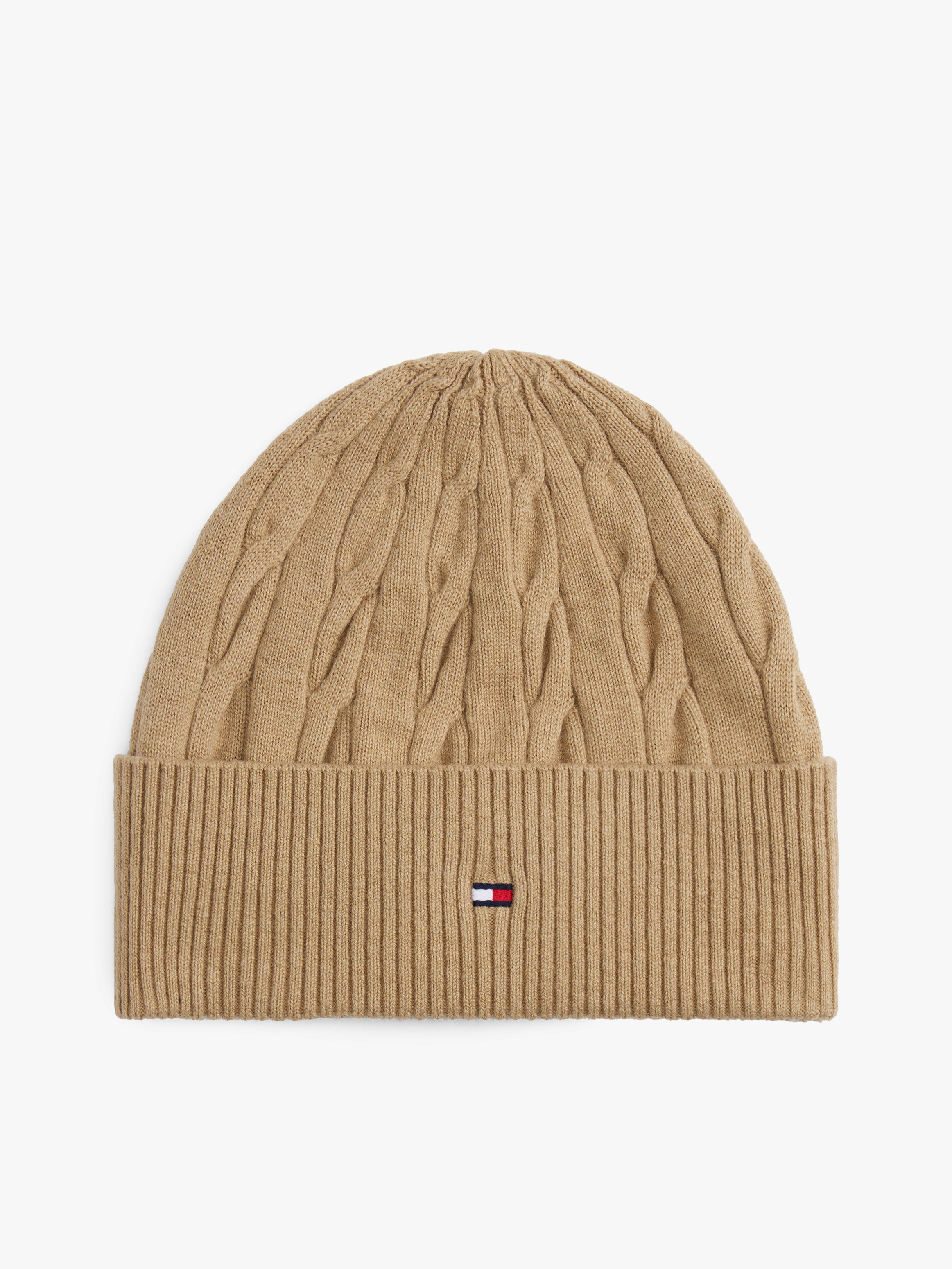 Hilfiger Flag Cable Knit Wool Blend Beanie — Brown