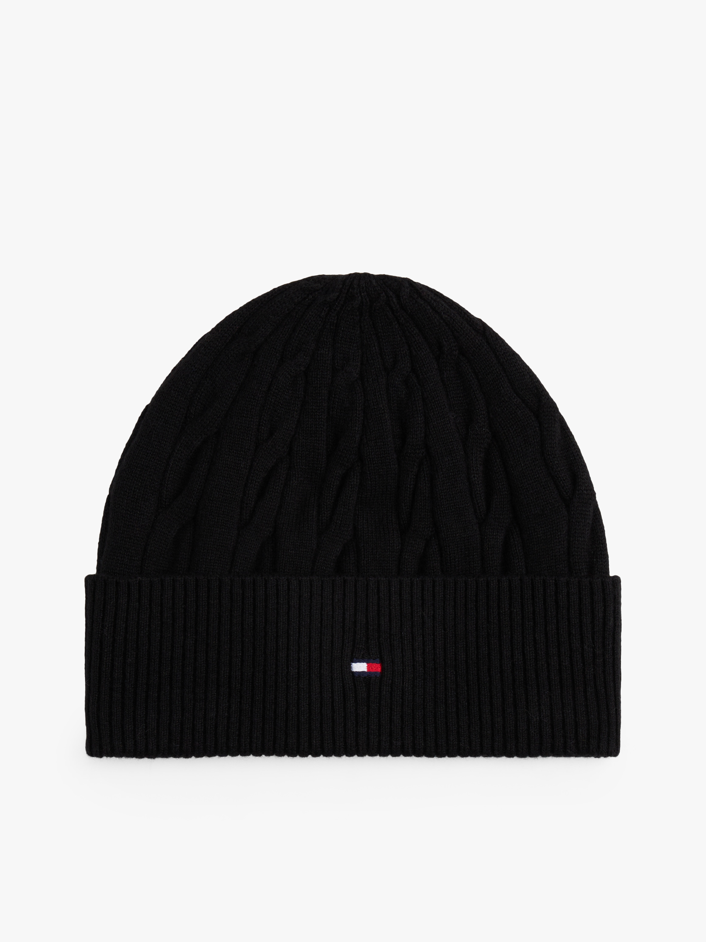 Hilfiger Flag Cable Knit Wool Blend Beanie — BLACK