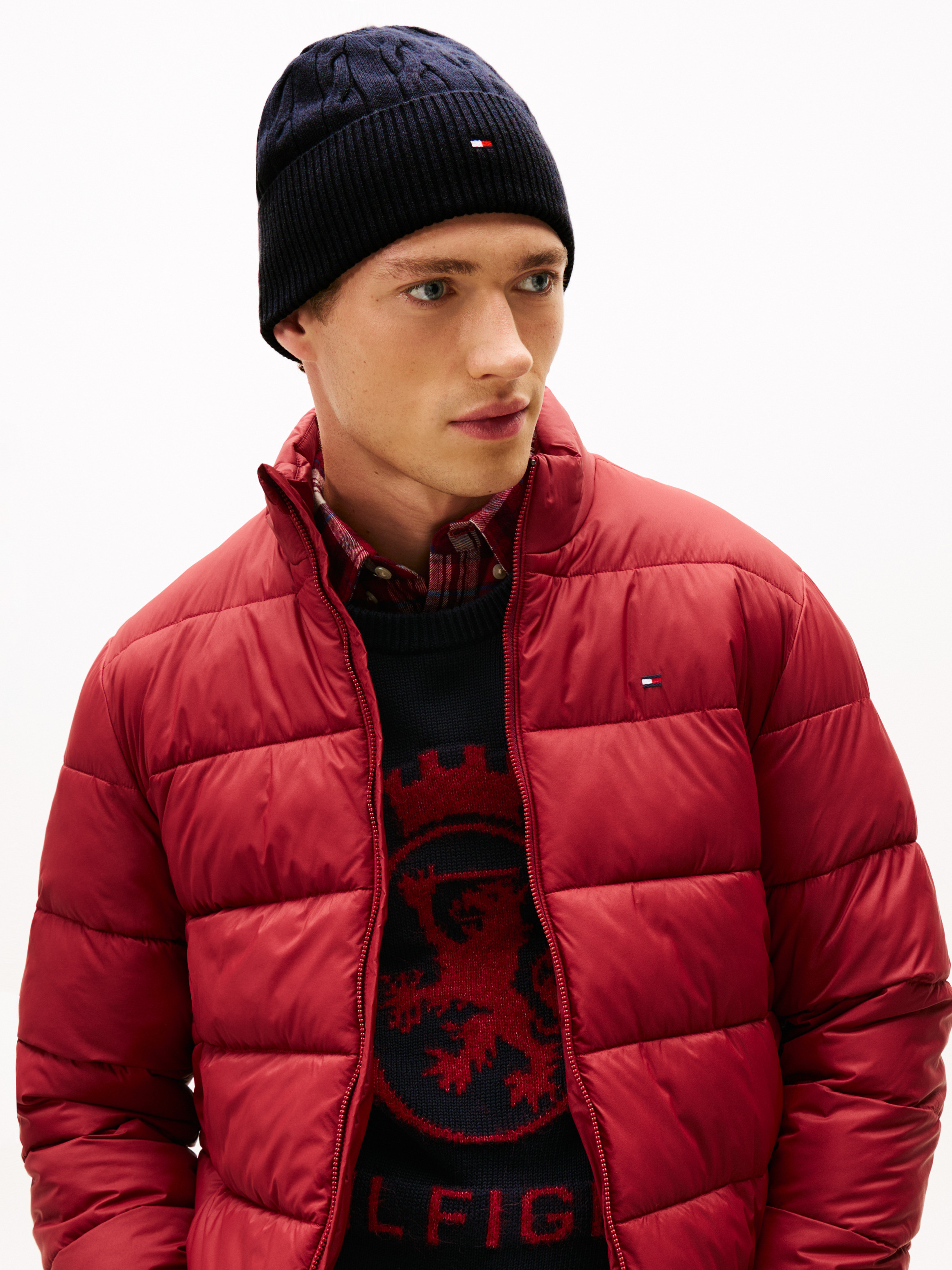 Hilfiger Flag Cable Knit Wool Blend Beanie — Navy