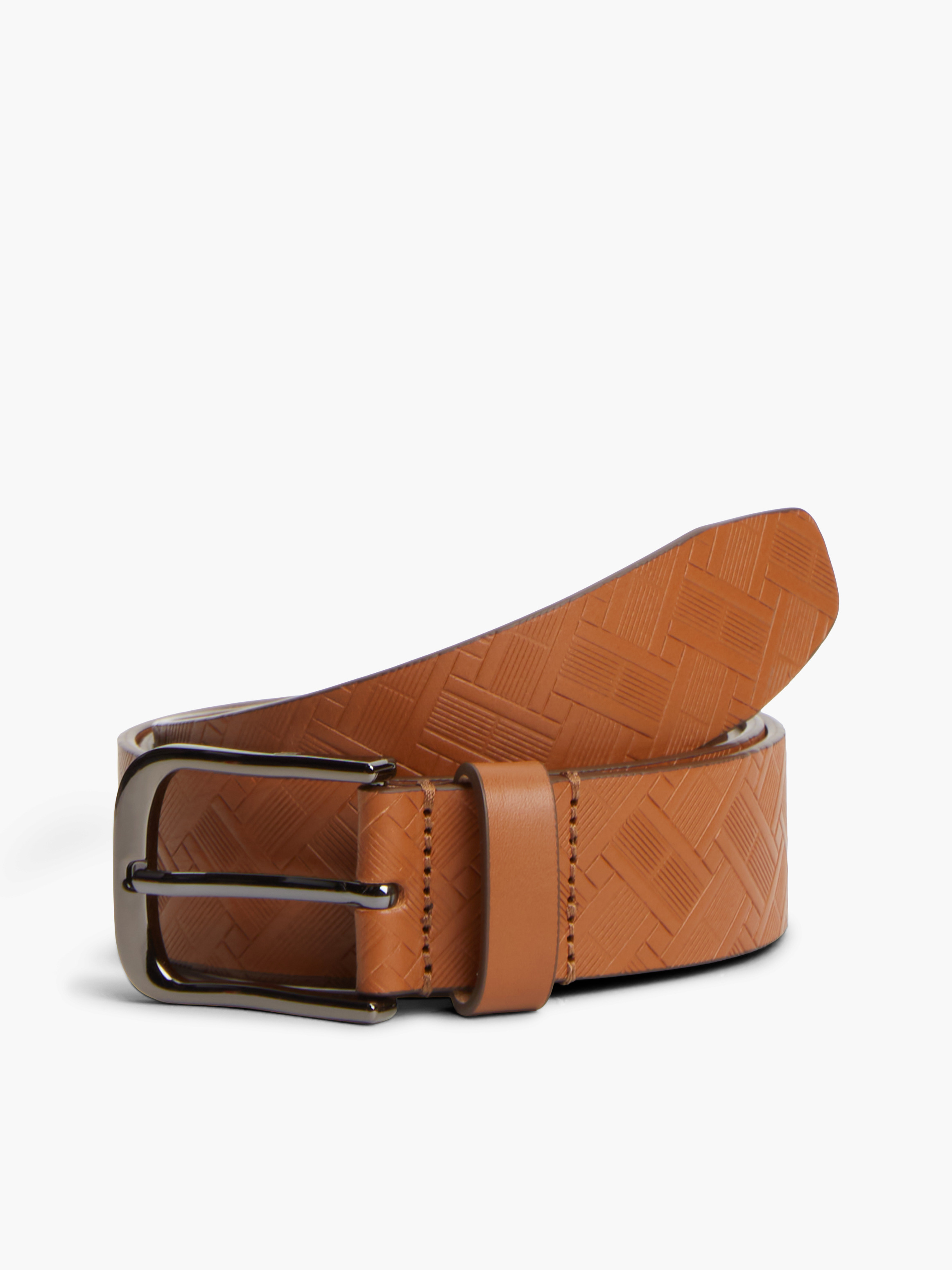 Flag Embossed Square Buckle Leather Belt — Brown