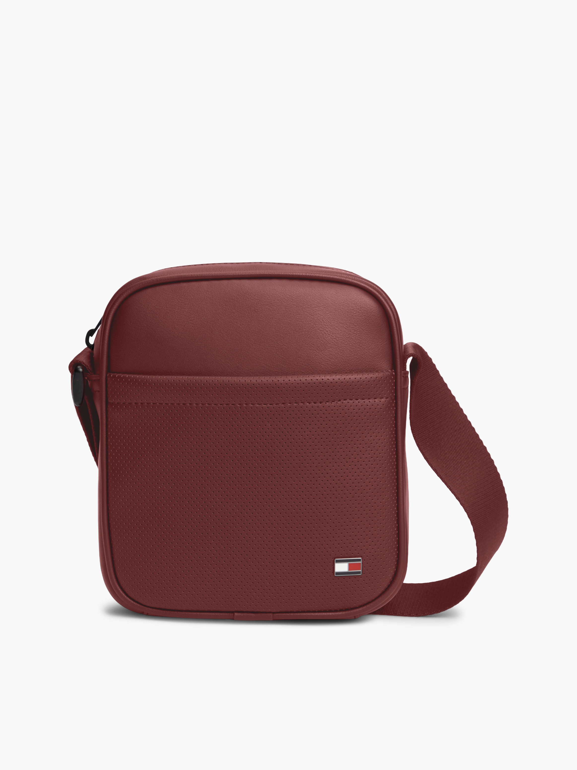 Enamel Flag Perforated Crossbody Reporter Bag — WINE
