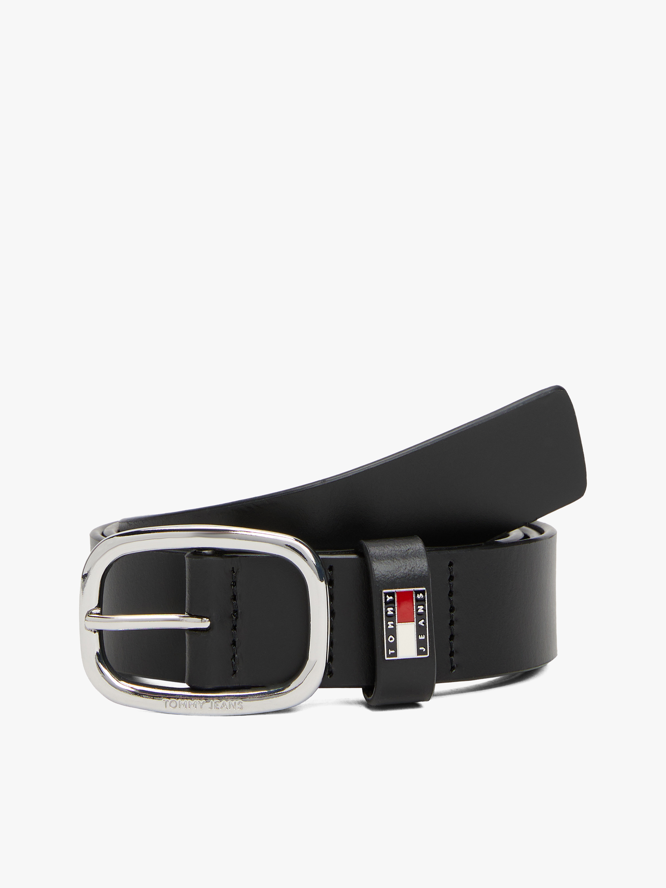 Oval Buckle Debossed Logo Leather Belt