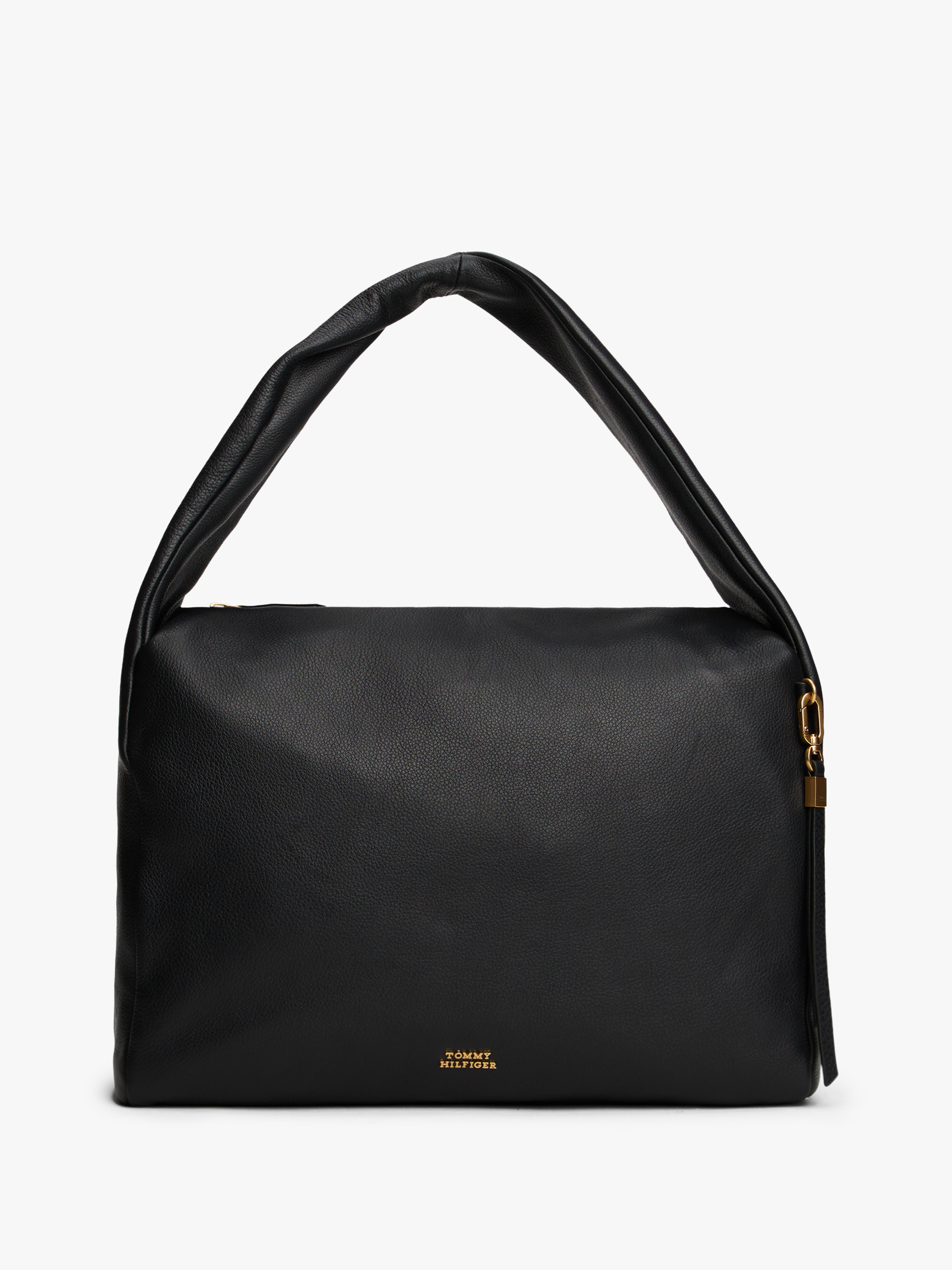 City Leather Logo Plaque Hobo Bag — Black