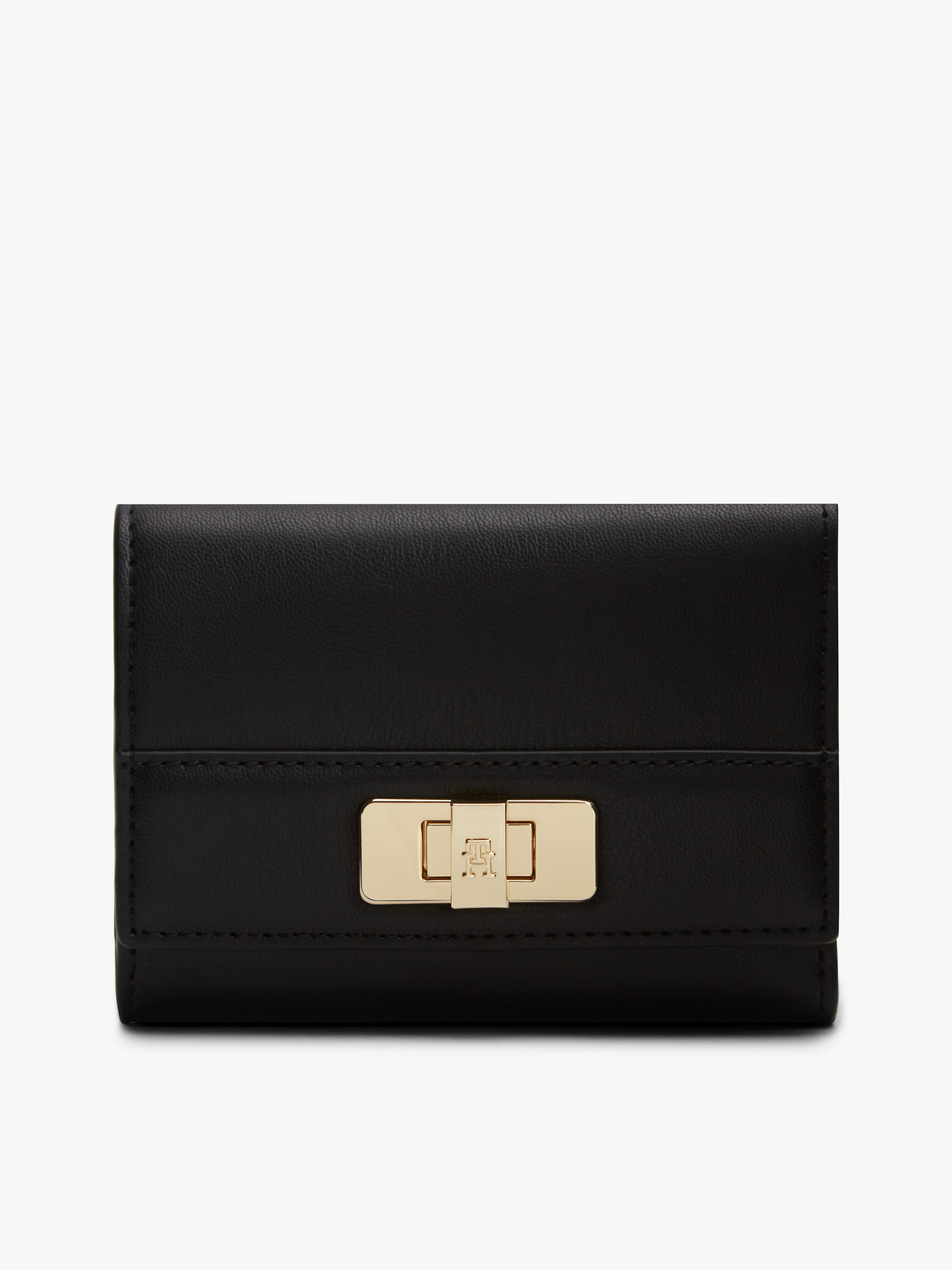 Modern TH Monogram Turn Lock Trifold Wallet — Black