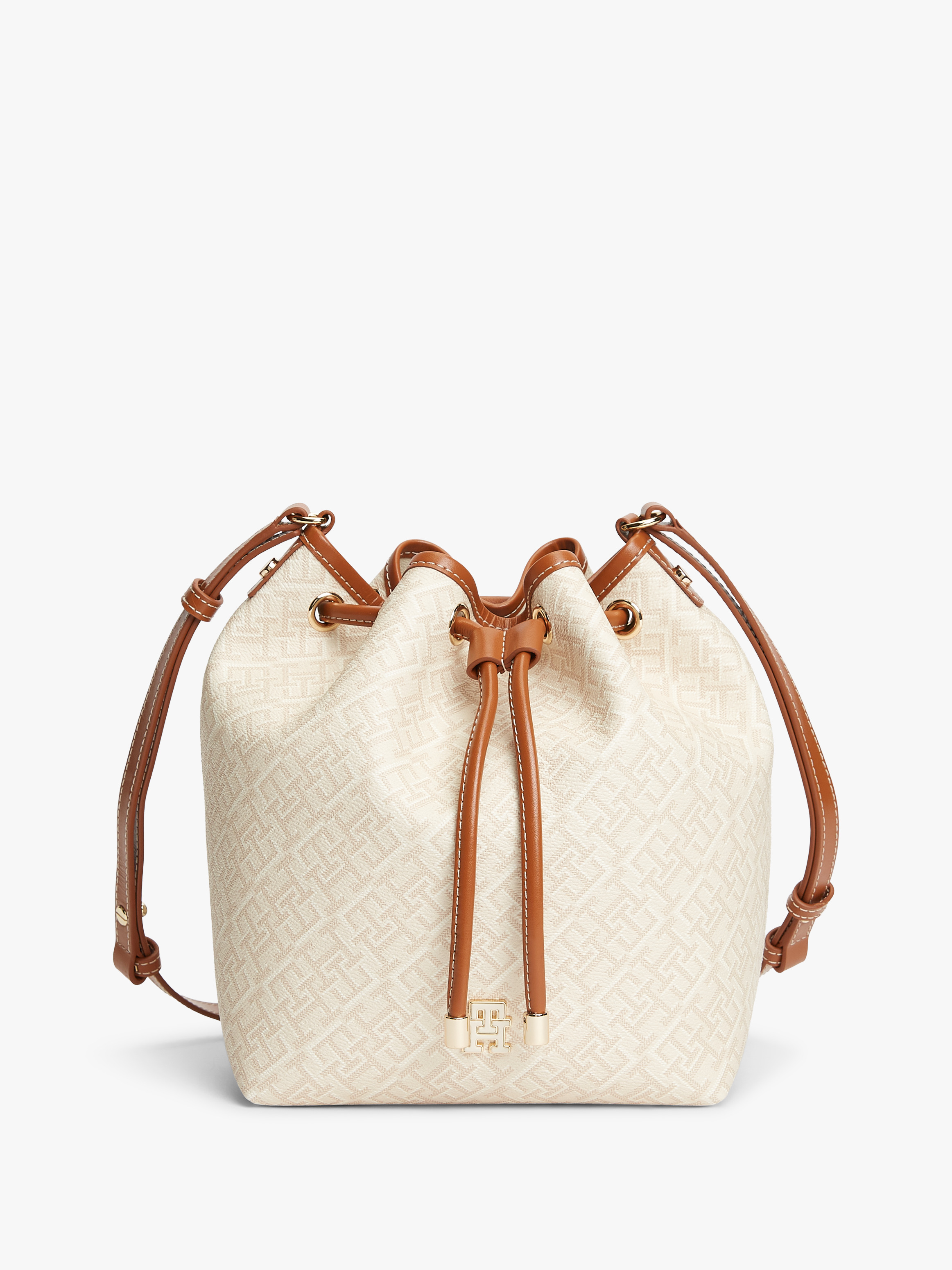 TH Monoplay Crossbody Drawstring Bucket Bag — Beige