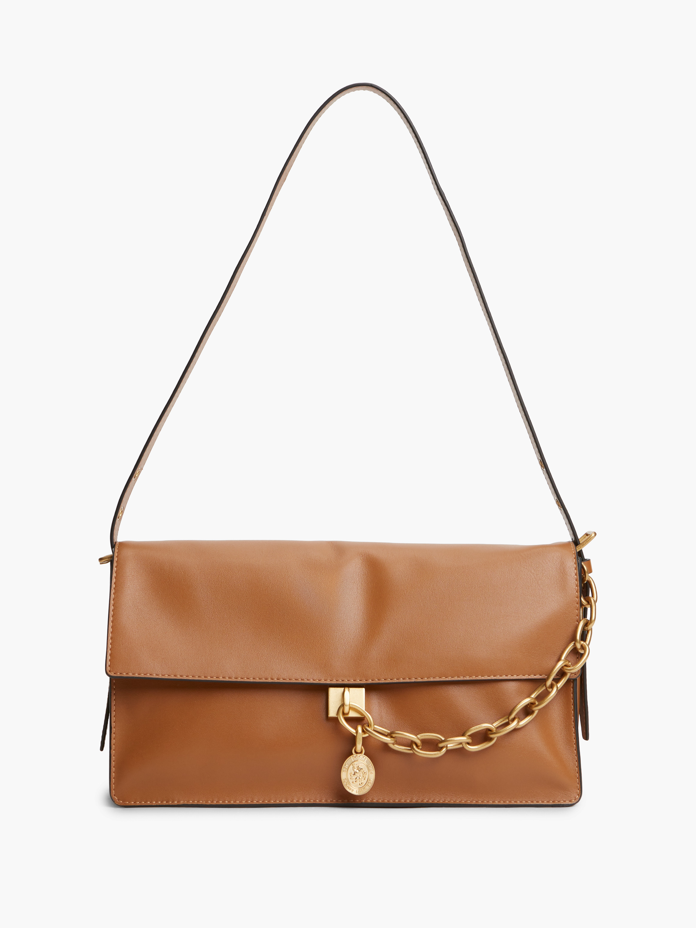 Leather Chain Charm Shoulder Bag — Brown