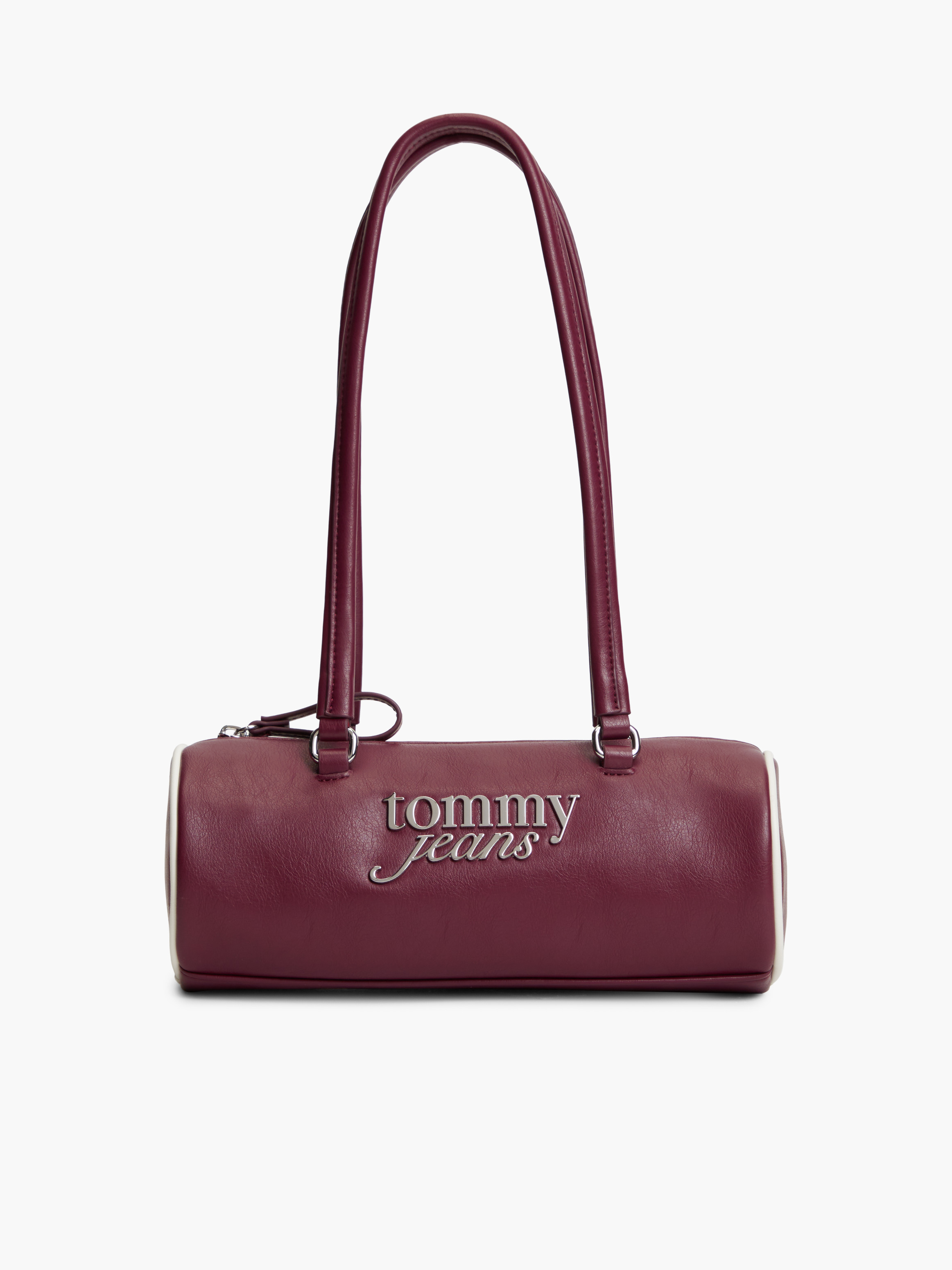 Metal Logo Barrel Bag — Maroon