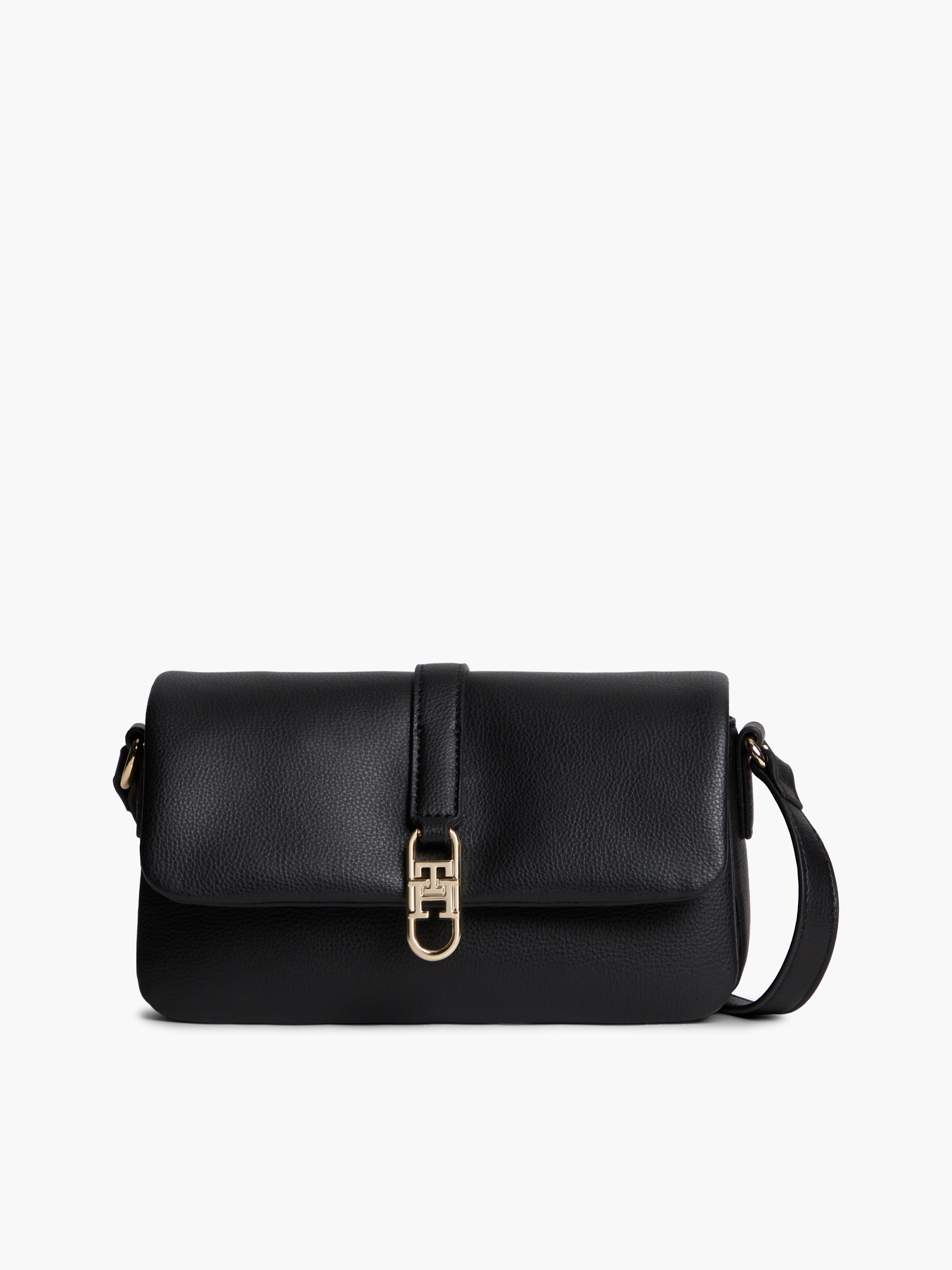 TH Monogram Flap Closure Crossbody Bag — BLACK