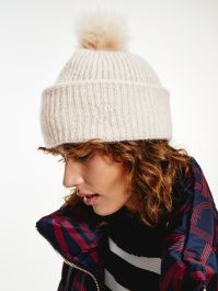 Pom Pom Metallic Rib-Knit Beanie