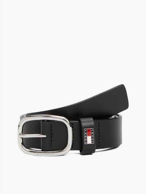 Oval Buckle Debossed Logo Leather Belt