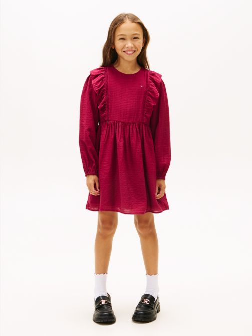 Festive Ruffle Long Sleeve A-Line Dress