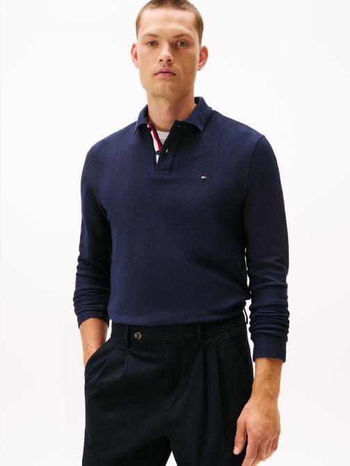 قميص بولو من قماش الجاكار بأكمام طويلة ونقشة عظم السمكة