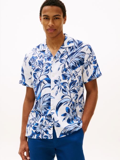 Regular Fit Floral Print Linen Short Sleeve Shirt