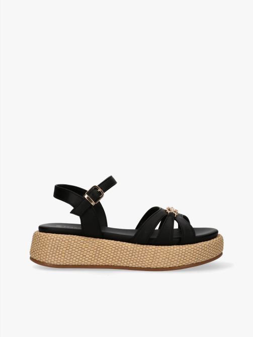 Girls Raffia Wedge Sandals Erika with Buckle Black