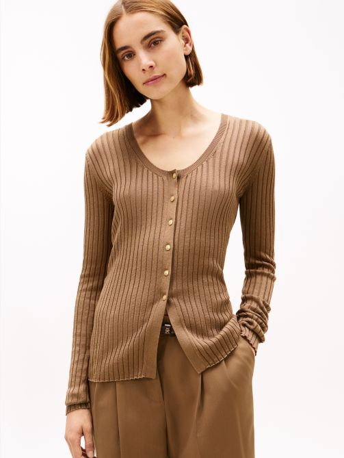 Cotton Rayon Rib Scoop Cardigan Sweater