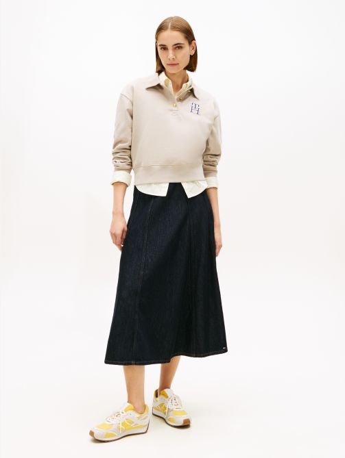 High Rise Denim Flare Midi Skirt