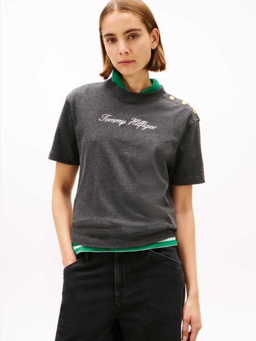 Gold-Tone Button Logo Embroidery Relaxed T-Shirt
