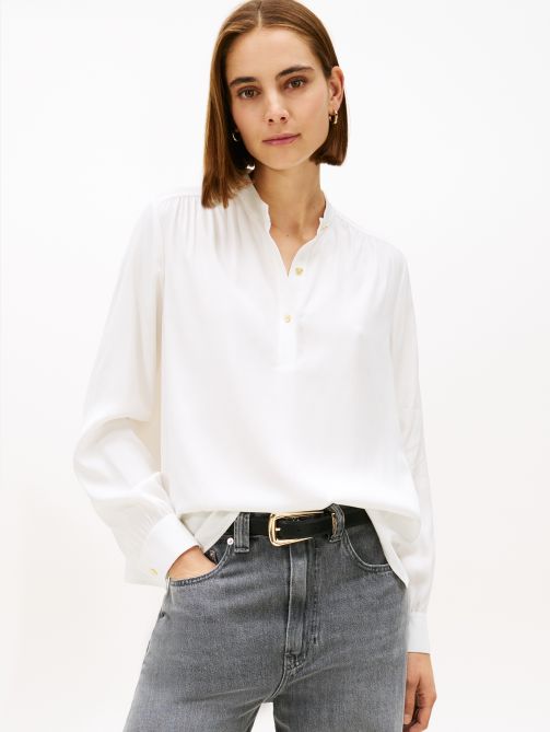 Gold-Tone Button Relaxed Twill Blouse