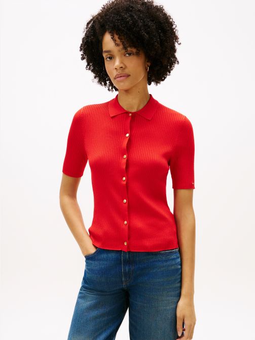 Ribbed Slim Short Sleeve Polo Cardigan