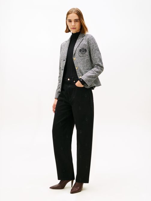 بنطلون جينز أسود بخصر متوسط الإرتفاع وساق واسعة