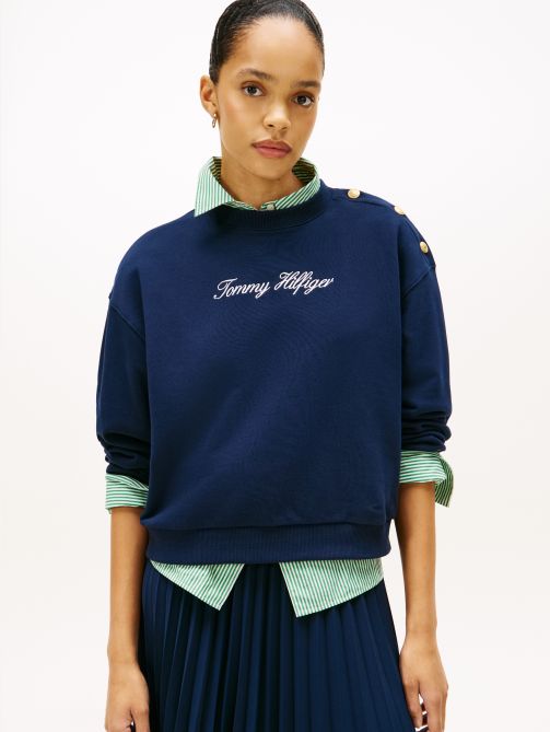 Gold Button Script Terry Pullover Sweatshirt
