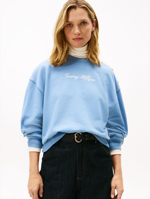 Gold Button Script Terry Pullover Sweatshirt