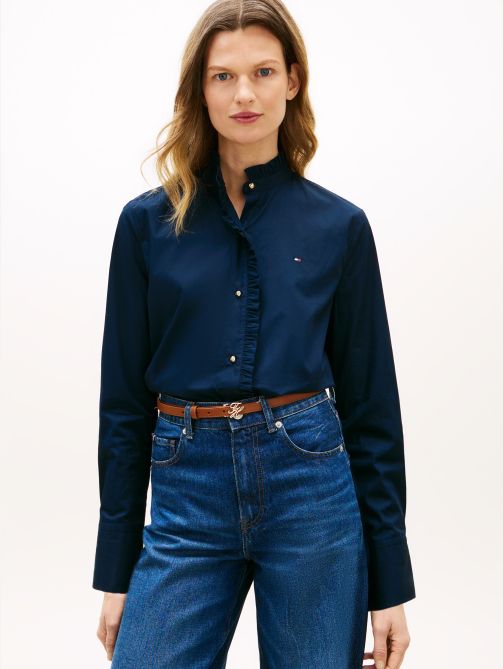 Relaxed Fit Ruffle Trim Poplin Shirt