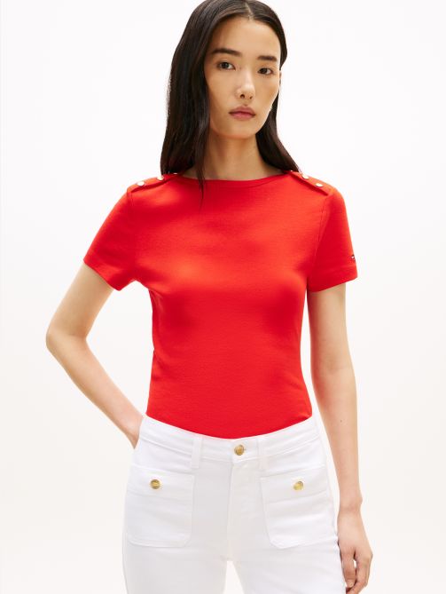 Gold-Tone Button Slim Boat Neck T-Shirt