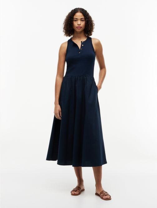 Gold-Tone Button Sleeveless Midi Dress