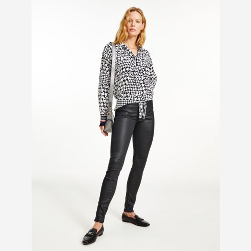 Viscose Houndstooth Tie-Neck Relaxed Fit Blouse