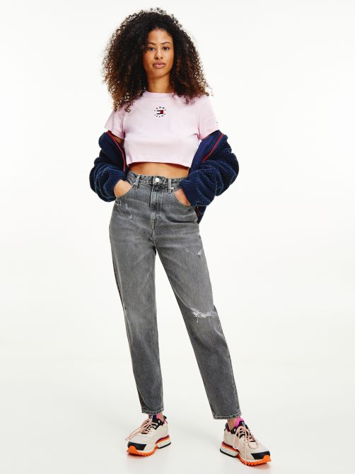 Mom Ultra High Rise Tapered Distressed Black Jeans