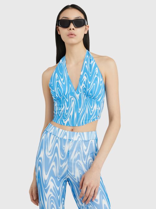 توب قصير بياقة هالتر بطبعة سباحة