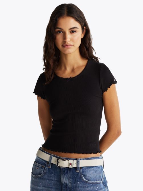 Ruffle Sleeve Ribbed Slim T-Shirt