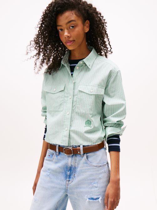 Crest Embroidery Relaxed Fit Cropped Shirt