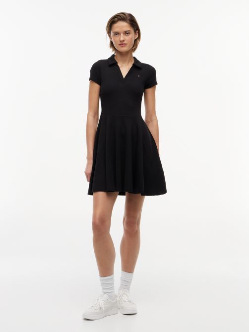 Ribbed Fit and Flare Mini Polo Dress