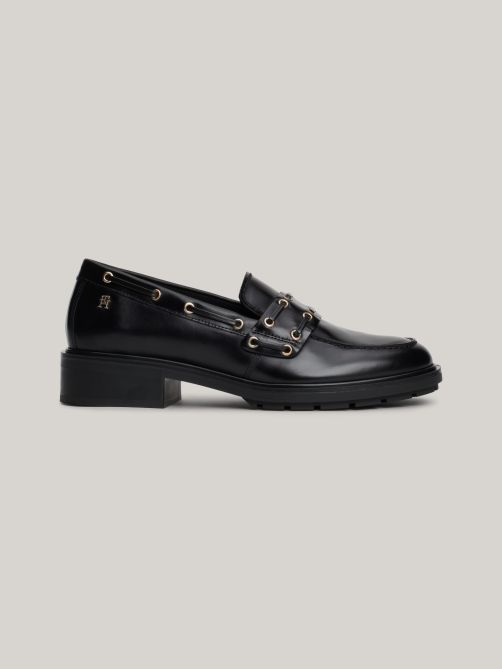Eyelet Detail Block Heel Leather Loafers