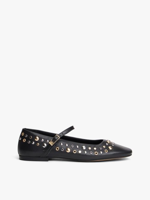 Stud Embellished Leather Buckle Ballerinas