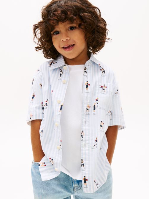 قميص أكسفورد مخطط بأكمام قصيرة ونقشة إيثاكا مع طبعة