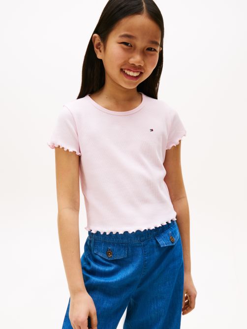 Ruffle Short Sleeve Ribbed Slim Top