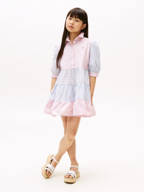 Mixed Stripe Tiered Shirt Dress