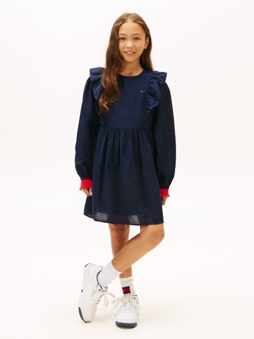 Festive Ruffle Long Sleeve A-Line Dress