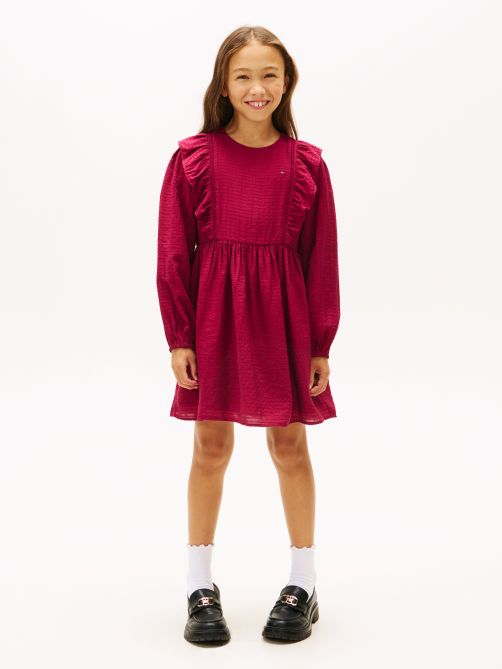 Festive Ruffle Long Sleeve A-Line Dress