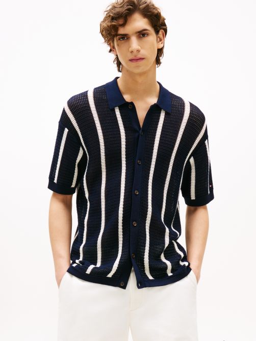Relaxed Open Knit Stripe Short Sleeve Shirt