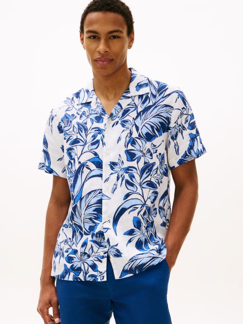 Regular Fit Floral Print Linen Short Sleeve Shirt