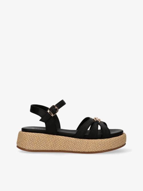 Girls Raffia Wedge Sandals Erika with Buckle Black