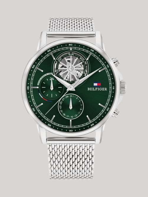 ساعة بقرص أخضر وسوار شبكي