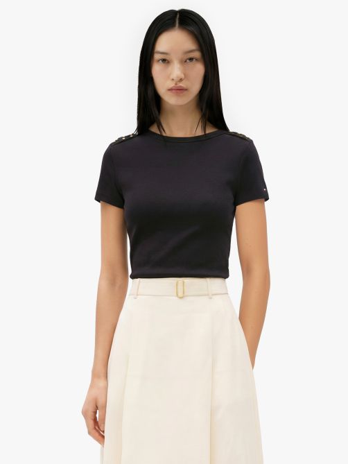 Gold-Tone Button Slim Boat Neck T-Shirt