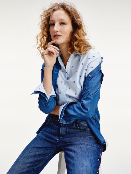 All-Over Flag Embroidery Fitted Shirt