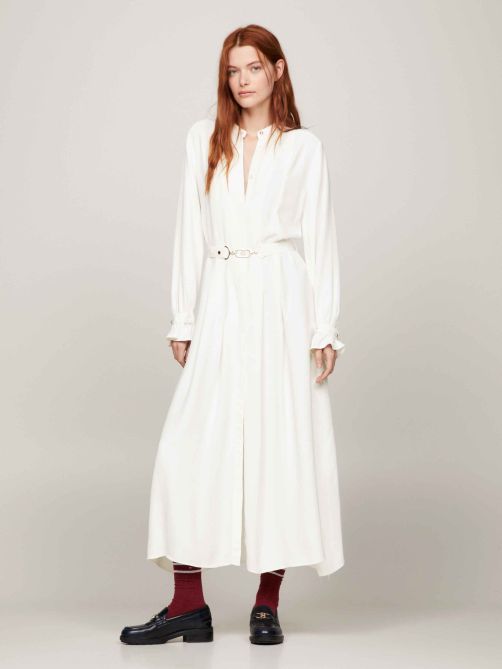 Pleated Belted Horsebit Maxi Shirt Dress