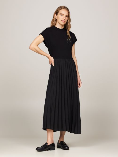 Mock Turtleneck Pleated Midi Dress